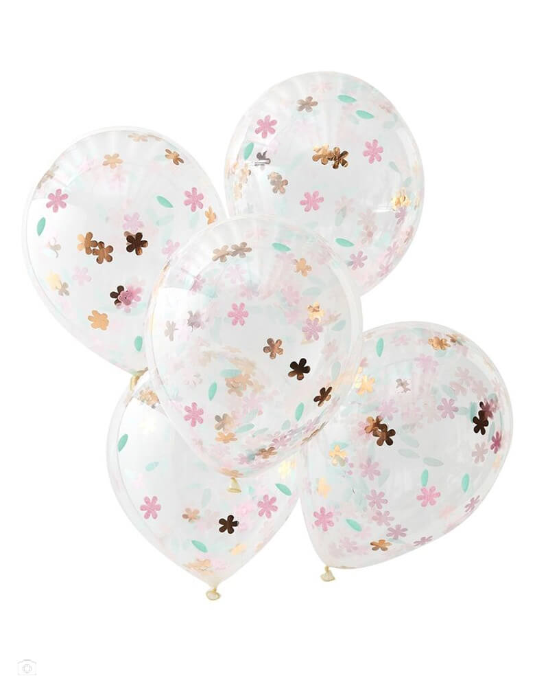 Ginger Ray - Rose Gold Floral Confetti Balloon Mix. Set of 5 with Rose Gold Floral Confetti in the clear latex balloons. These gorgeous rose gold & pink floral confetti filled balloons are a great way to add fun and color to your celebration. It's perfect for an Easter celebration or floral, garden themed tea party! 
