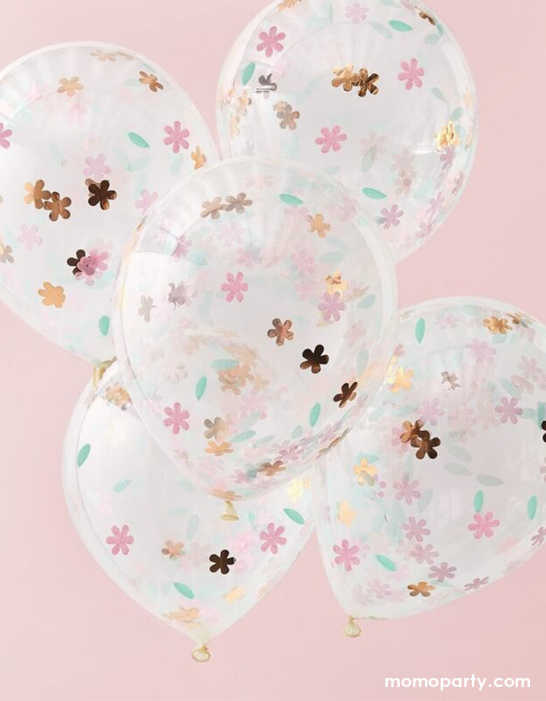 Ginger Ray - Rose Gold Floral Confetti Balloon Mix over a pink background. Set of 5 with Rose Gold Floral Confetti in the clear latex balloons. These gorgeous rose gold & pink floral confetti filled balloons are a great way to add fun and color to your celebration. It's perfect for an Easter celebration or floral, garden themed tea party!