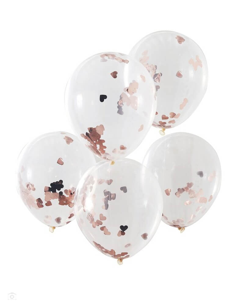 Ginger Ray - Rose Gold Heart Shaped Confetti Balloon Mix. Set of 5 of 12" clear balloons filled with rose gold heart shaped confetti.Celebrate Valentine's Day or love themed parties with these 12" clear balloons filled with rose gold heart shaped confetti!