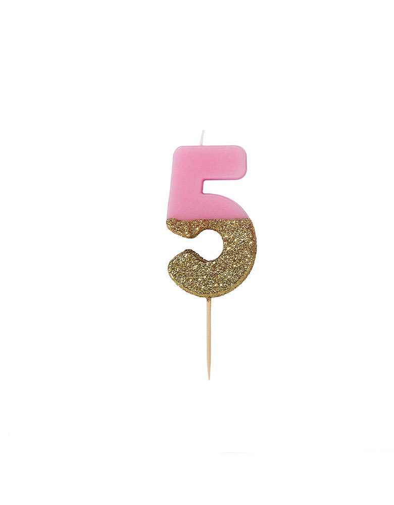 Talking Tables We Heart Birthdays Glitter Candle_Number 5 in Pink and Gold Glitter