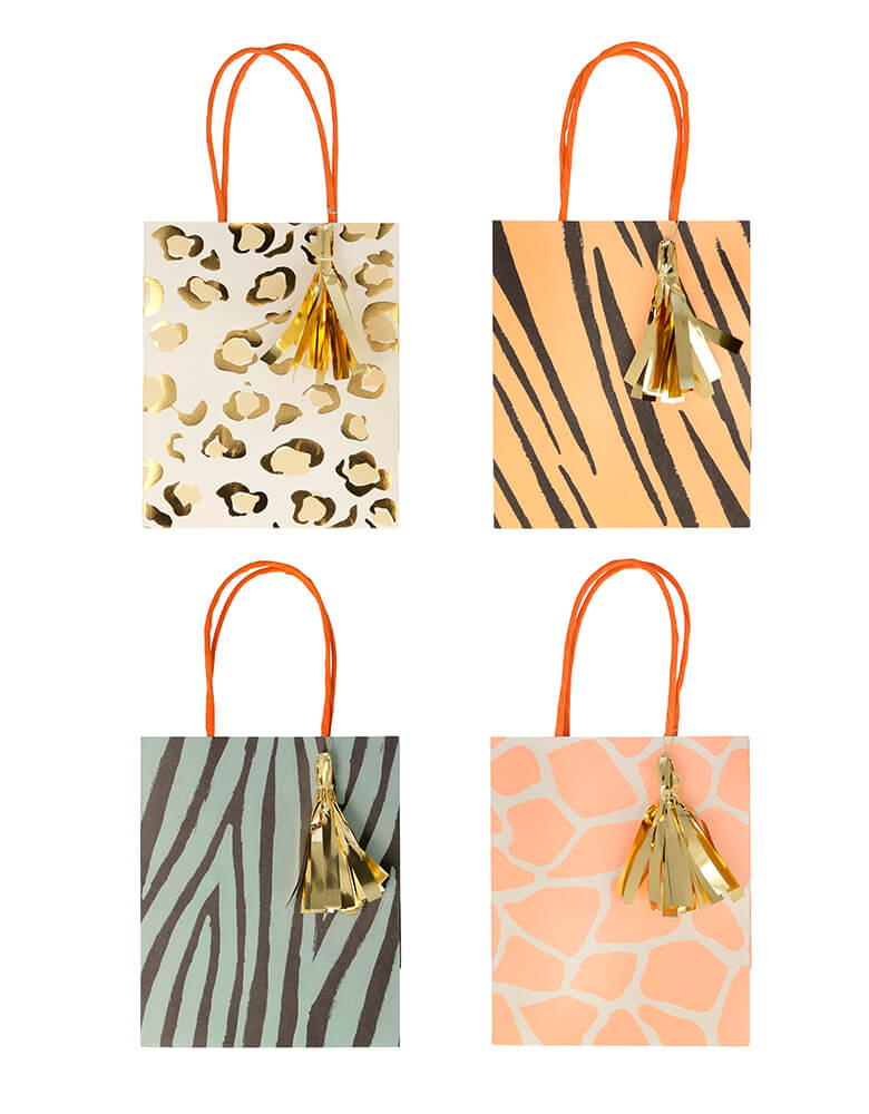 Meri Meri Safari Animal Print Party Bags. Set of 8. These paper favor bags feature zebra, giraffe, tiger, and leopard print designs with a twisted paper handle and shiny gold foil tassels