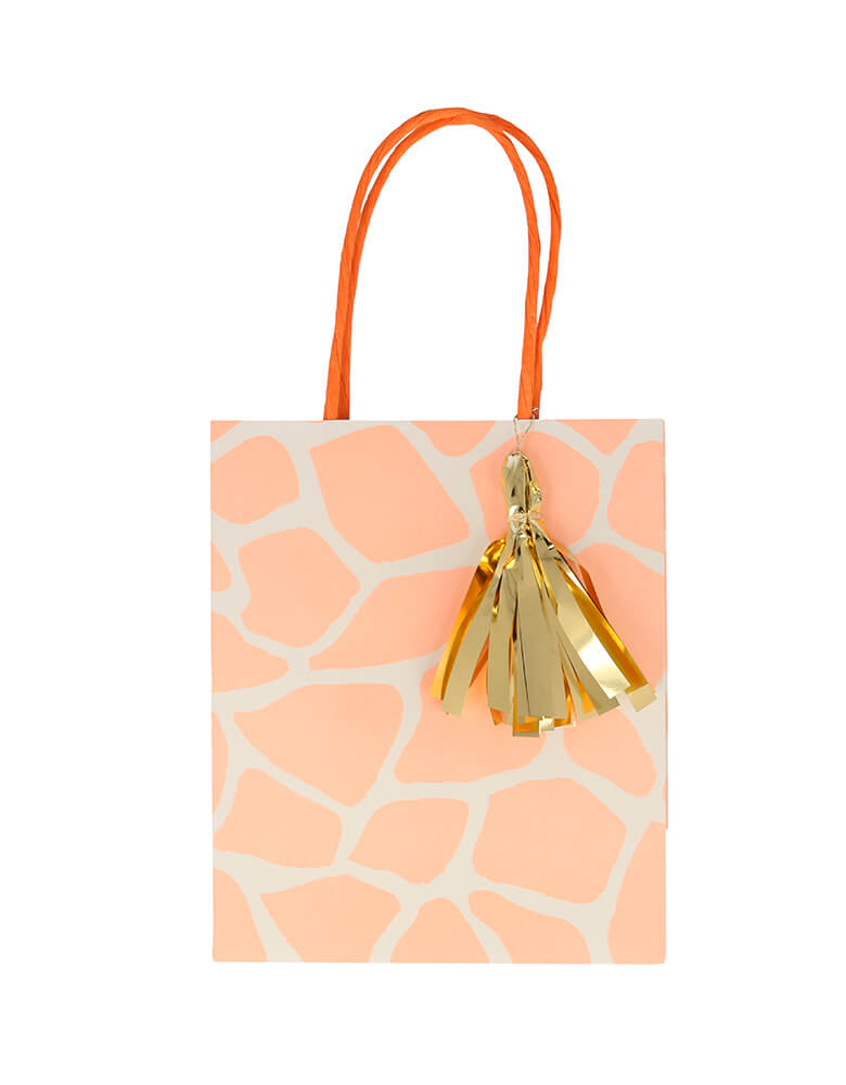 Meri Meri Safari Animal Print Party Bag in Giraffe Print. Feature Neon print design with a twisted paper handle and shiny gold foil tassels