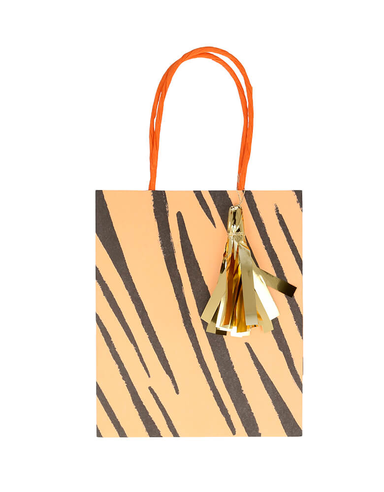 Meri Meri Safari Animal Print Party Bag in Tiger Print. Feature Neon print design with a twisted paper handle and shiny gold foil tassels