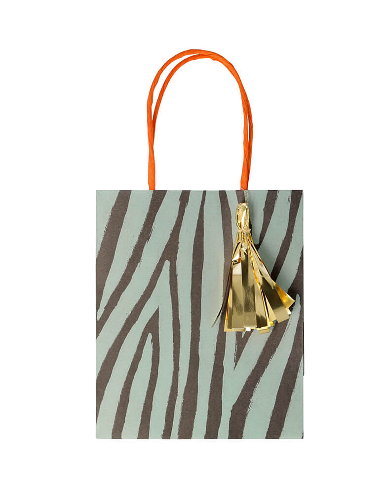 Meri Meri Safari Animal Print Party Bag in Zebra Print. Feature Neon print design with a twisted paper handle and shiny gold foil tassels