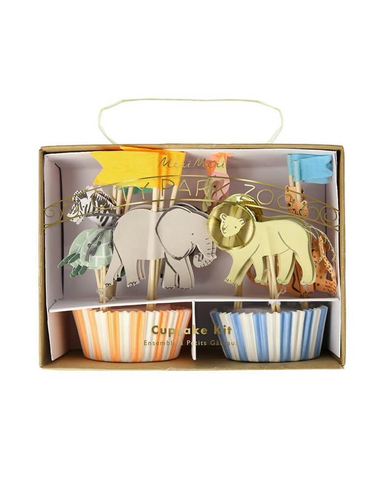 Meri Meri Safari Animals Cupcake Kit featuring designs in elephants, lions, zebras, cheetah, and colorful flags for a safari or zoo themed kids party