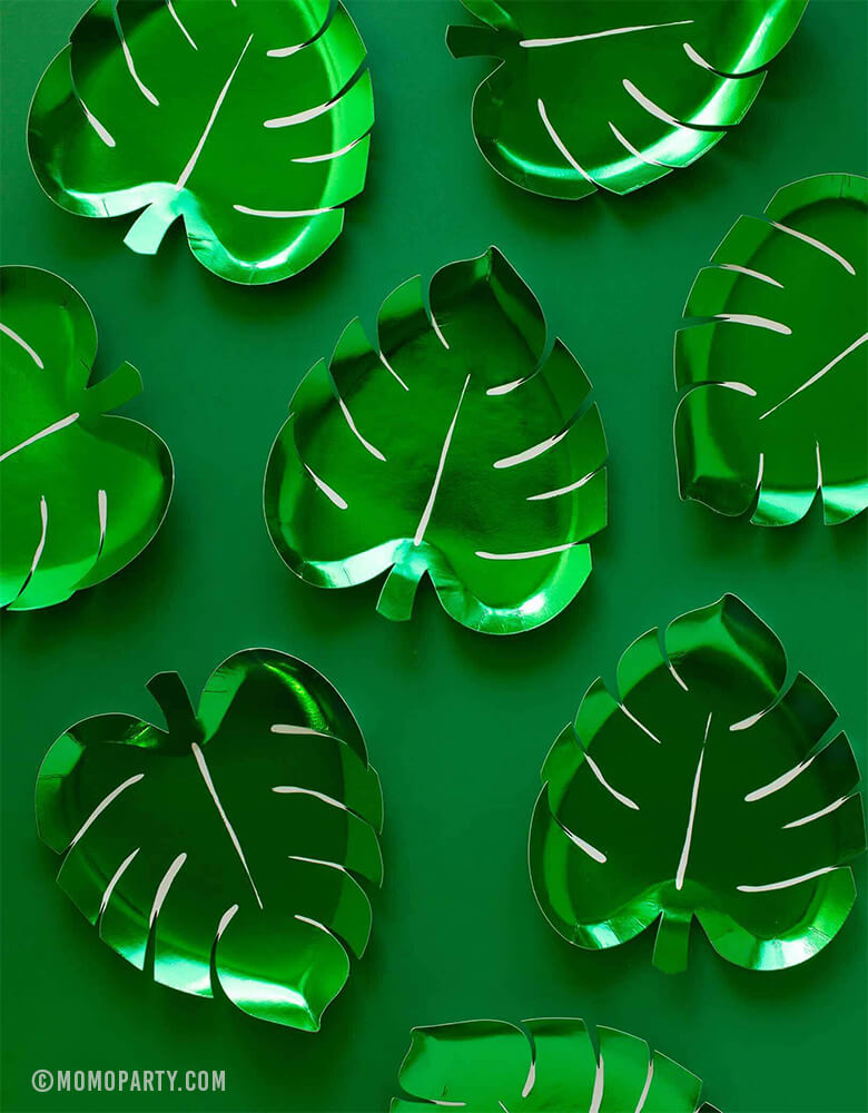 Meri Meri Party ware of Green Palm Leaf shaped Foil Paper Plates with green backgound