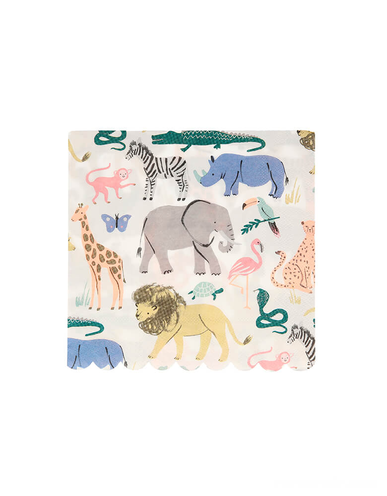 Meri Meri - Safari Animals Large Napkins. 6.5 inches, Pack of 20. Featuring lots of colorful animals illustrated design, with a stylish scallop edge and Neon print detail. These beautifully illustrated Safari Animals large napkins are perfect for a safari-themed party, or for children who love the wild. 