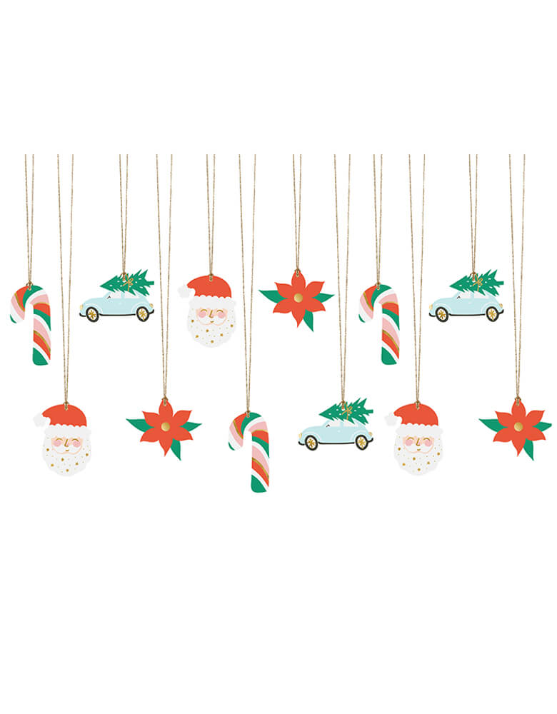 Party Deco - Santa Gift Tags. Each set contains 12 tags in 4 designs including candy cane, Santa, Christmas tree car and poinsettia with gold strings. This set of Christmas gift tags is simply adorable for this Holiday season. also hanging it on your christmas tree as ornaments  