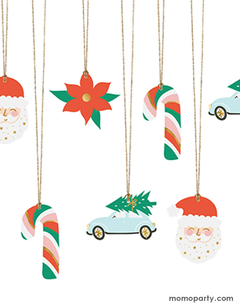 Party Deco - Santa Gift Tags. Each set contains 12 tags in 4 designs including candy cane, Santa, Christmas tree car and poinsettia with gold strings. This set of Christmas gift tags is simply adorable for this Holiday season. also hanging it on your christmas tree as ornaments
