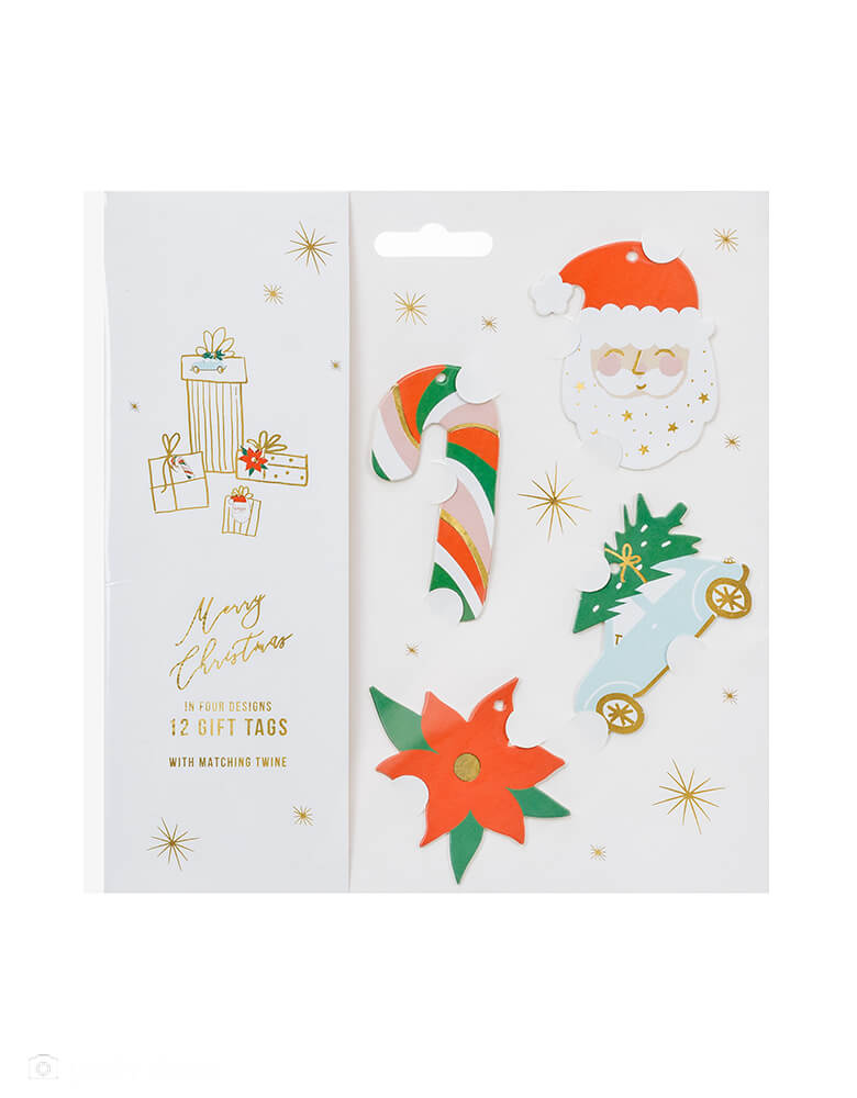 cute package of Party Deco - Santa Gift Tags. Each set contains 12 tags in 4 designs including candy cane, Santa, Christmas tree car and poinsettia with gold strings. This set of Christmas gift tags is simply adorable for this Holiday season. also hanging it on your christmas tree as ornaments
