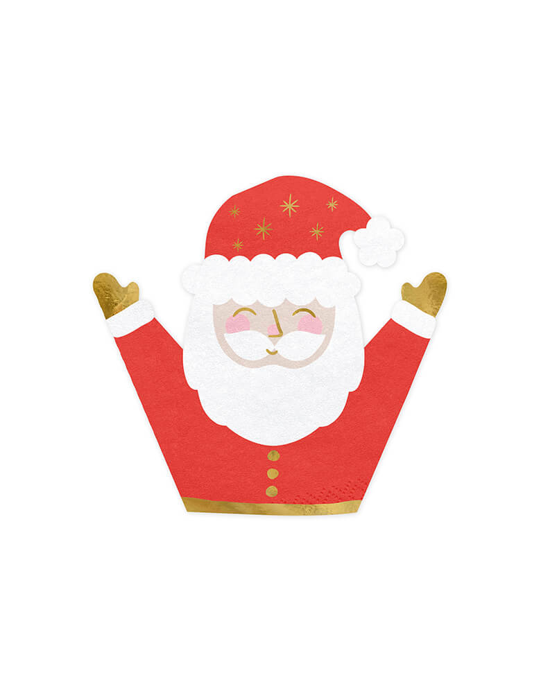 Party Deco - Santa Napkins.  Pack of 20. Featuring a happy raising arms santa with happy face and gold stars on his hat. These jolly Santa napkins printed with red white and gold foil color, will add festive cheer to your Christmas celebration with the little ones!