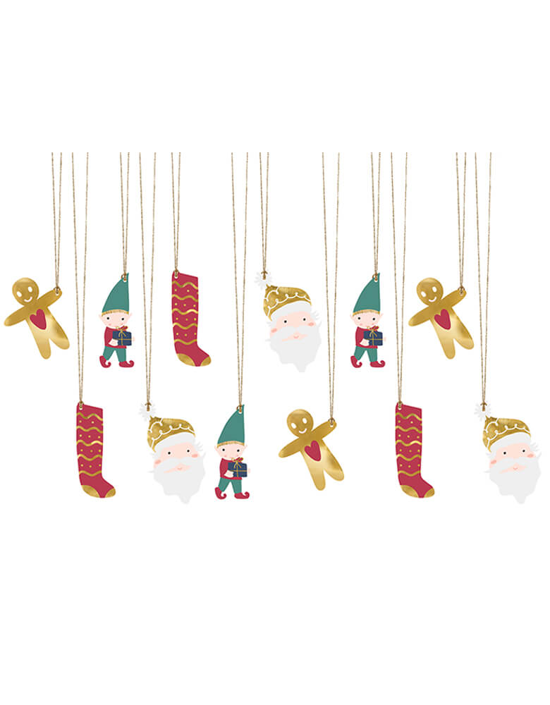 Party Deco - Santa & Elf Gift Tags. including Santa, Elf, stocking and gingerbread man t with gold strings. . This set of Christmas gift tags is simply adorable for this Holiday season. also hanging it on your christmas tree as ornaments