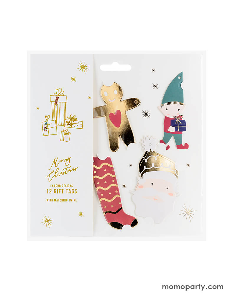 cute package of Party Deco - Santa & Elf Gift Tags. including Santa, Elf, stocking and gingerbread man t with gold strings. . This set of Christmas gift tags is simply adorable for this Holiday season. also hanging it on your christmas tree as ornaments