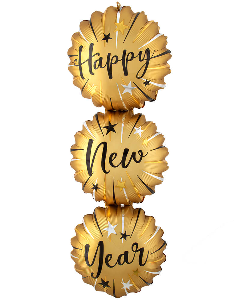 Anagram Balloons - 42059 - Satin Happy New Year Bursts Foil Balloon. This 38" SuperShape Satin Infused Happy New Years Bursts Foil Balloon with 36" "Happy New Year"  in Three stacking gold shapes with stars and bursts. Hang tabs for an easy air filled solution. Cheers to a New Year; New Beginnings! It's Gold because we look forward to the New Year to be a golden one filled with glints, glamour and all things good! These beautiful golden stacked balloons are sure to add the wow factor to your party!
