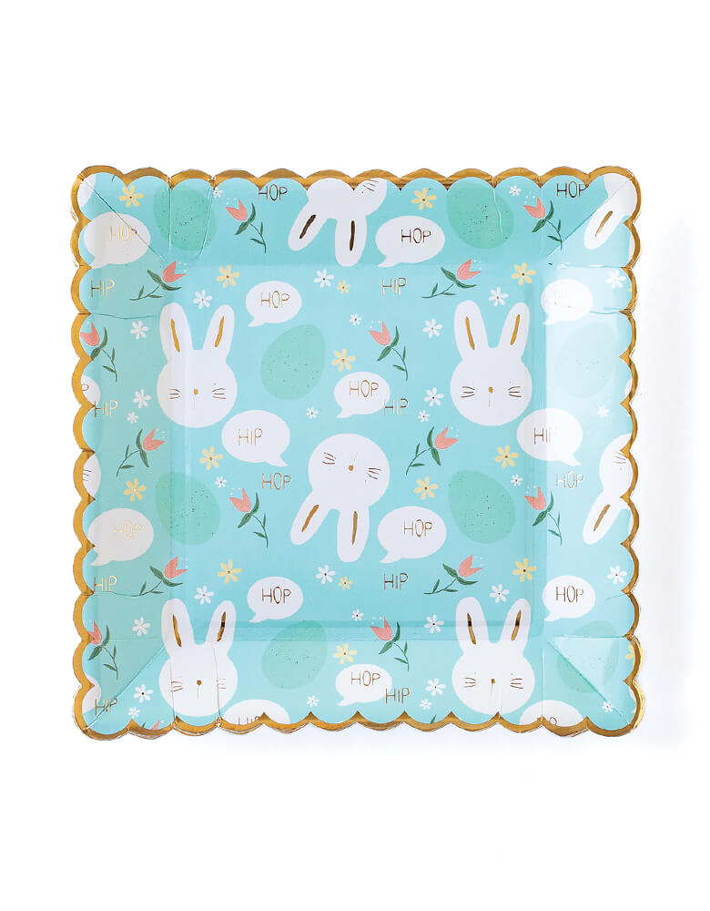 Scattered Bunny Scallop Paper Plates by My Mind's Eye. Set of 8. Featuring a plate with scalloped edges featuring cute bunnies, flowers, eggs graphic design, "Hip" and "hop" text design in a robin egg blue plate with some extra shine and a gold leaf border. These fresh partyware with modern fun designs are perfect for Easter celebrations, Springtime party tables