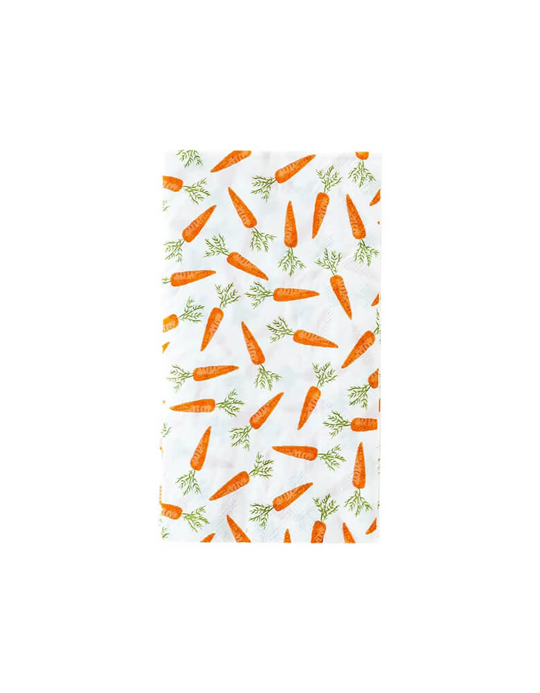 Momo Party's 4.25" X 7.75" scattered carrot guest napkins by My Mind's Eye. With a rustic style illustration, these napkins are perfect for an Easter celebration or a farm inspired party.