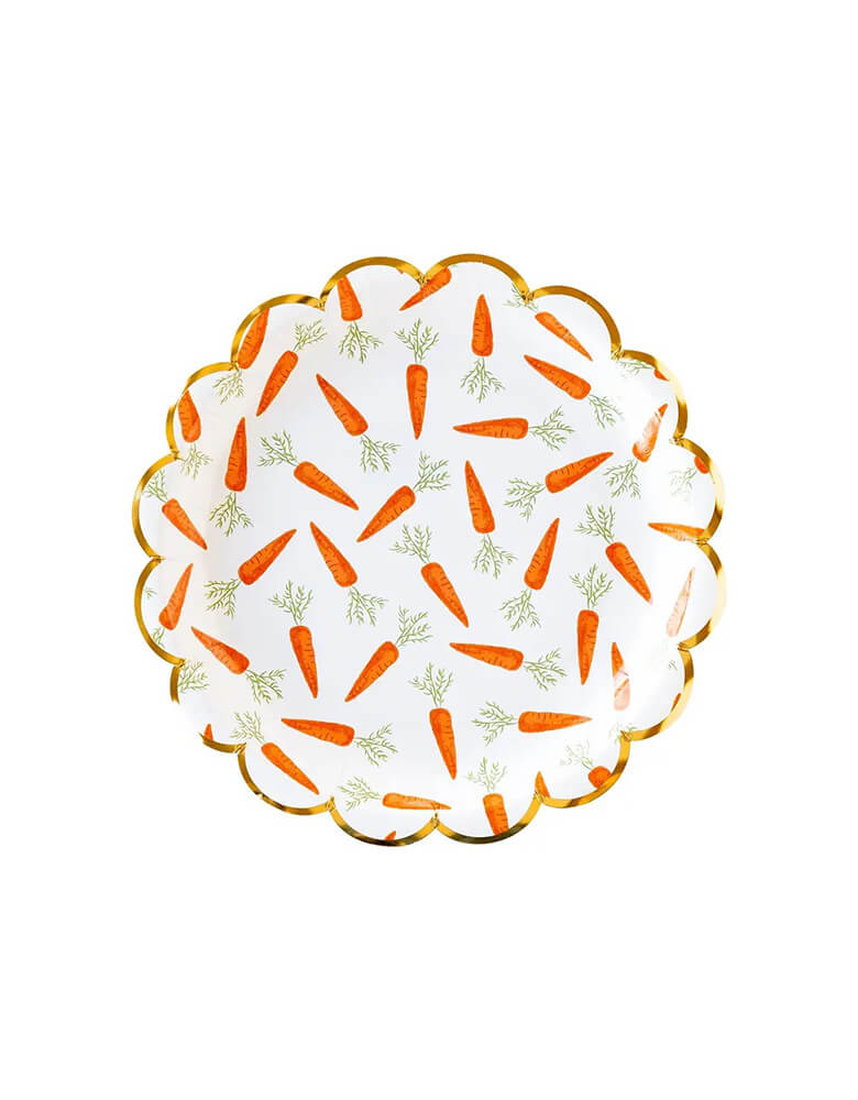 Momo Party's 9" scattered carrot scallop plates by My Mind's Eye. Come in a set of 8 plates, these are perfect for an Easter celebration or a farm inspired party.