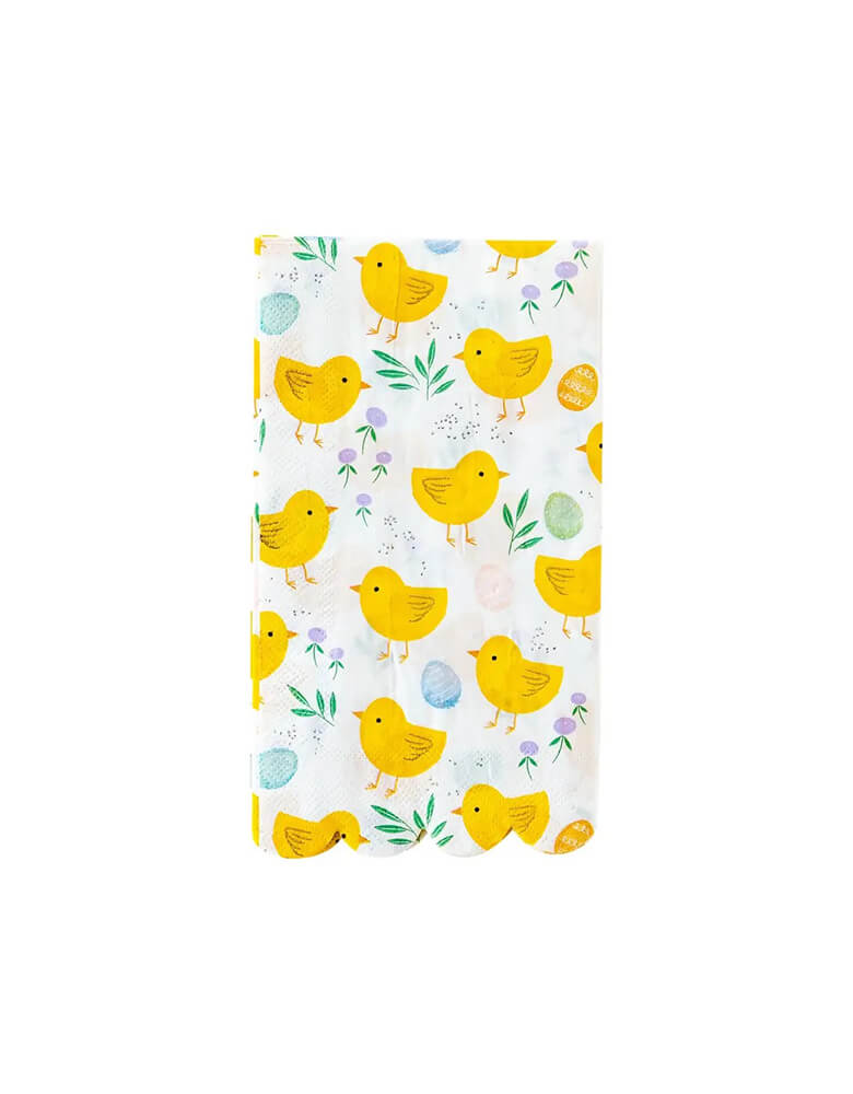 Momo Party's 4.25" X 7.75" scattered chick guest napkins by My Mind's Eye. With an adorable illustration of Easter chicks and eggs, these make a great addition to your Easter tbalescape.