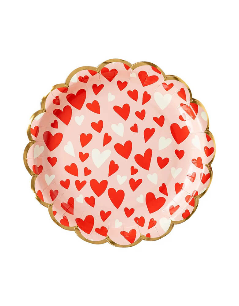 Momo Party's 9 inch round plate by My Mind's Eye, with scallop edge and scattered heart illustrations in red, pink and white, it makes a perfect tableware for your Valentine's Day celebration. 