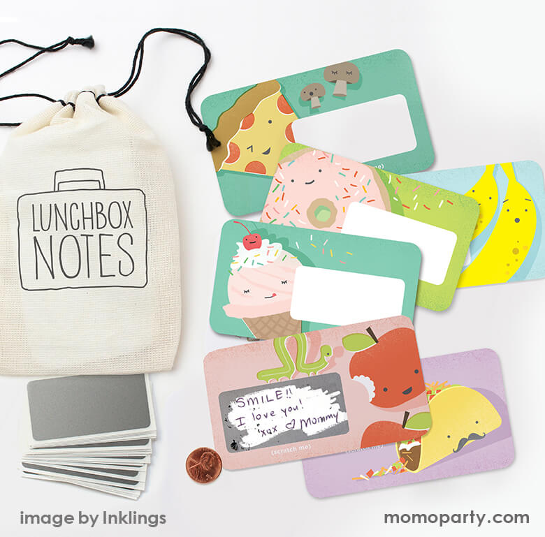 inklings Paperie - Scratch-off Lunchbox Notes. with pizza, donut, taco, ice cream, banana designs, a scratched note of "Smile! I love you xoxo Mommy" handwriting on the apple card,  a set of silver scratch stickers, and a hand-stamped drawstring bag. These tiny scratch off notes are the perfect size to slip into a lunch bag or coat pocket of someone you love. Cute back to school gift to Surprise you kid, showing your love in their school days