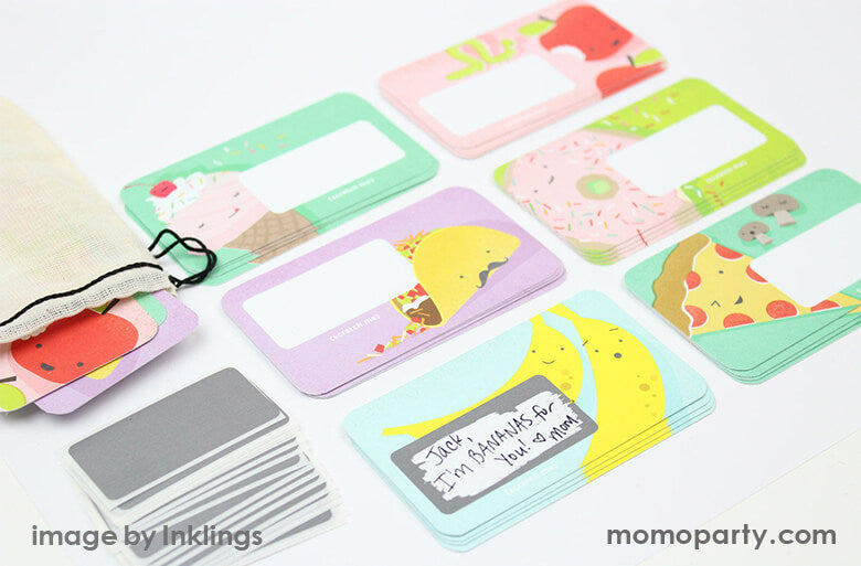 inklings Paperie - Scratch-off Lunchbox Notes. Kit included 24 scratch off cards with Apple, pizza, donut, taco and Banana, ice cream designs. 24 scratch off silver stickers, a hand-stamped drawstring bag. Simply write your own special handwritten message in the designated area, cover it with the scratch-off sticker provided, and scratch to reveal your hidden message! Surprise you kid for in thier back to school  into a lunch bag or pocket 