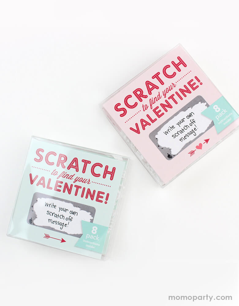 inklings Paperie Scratch-off-Valentines-Card Sets in Mint and pink color, Each Set of 8, includes 8 flat cards and 8 stickers and instructions. Simply write your own special handwritten message in the blank area, cover it with the scratch-off sticker provided, and scratch to reveal your valentine. They're perfect for Valentine's card exchange for the little ones, Valentine's day activities, galentine's day gift
