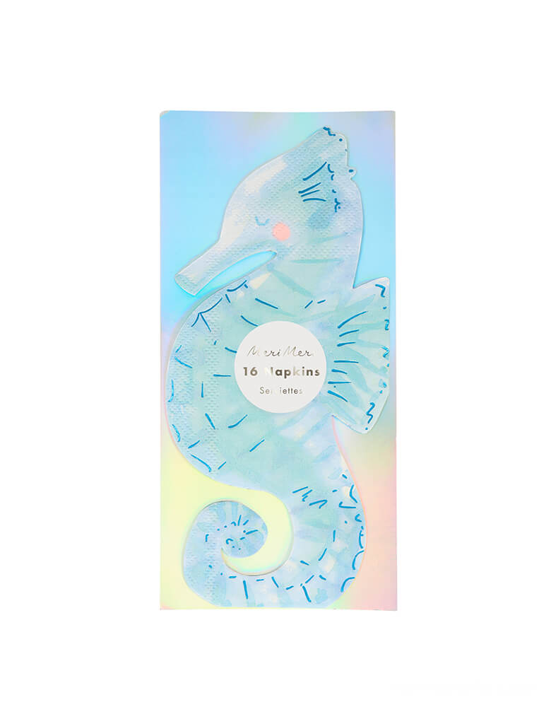 Meri Meri Seahorse Napkins. Set of 16 in a clear package. Made from eco-friendly paper. Crafted in the shape of a seahorse, Printed with ocean colors and a sweet rosy cheek detail with blue foil embellishment for shimmer and shine in a Watercolor design. they will add a wonderful decoration to the party table. modern elegant partyware for children's mermaid themed birthday party, under the sea party, sea friend's party, girls birthday party, boy's birthday party