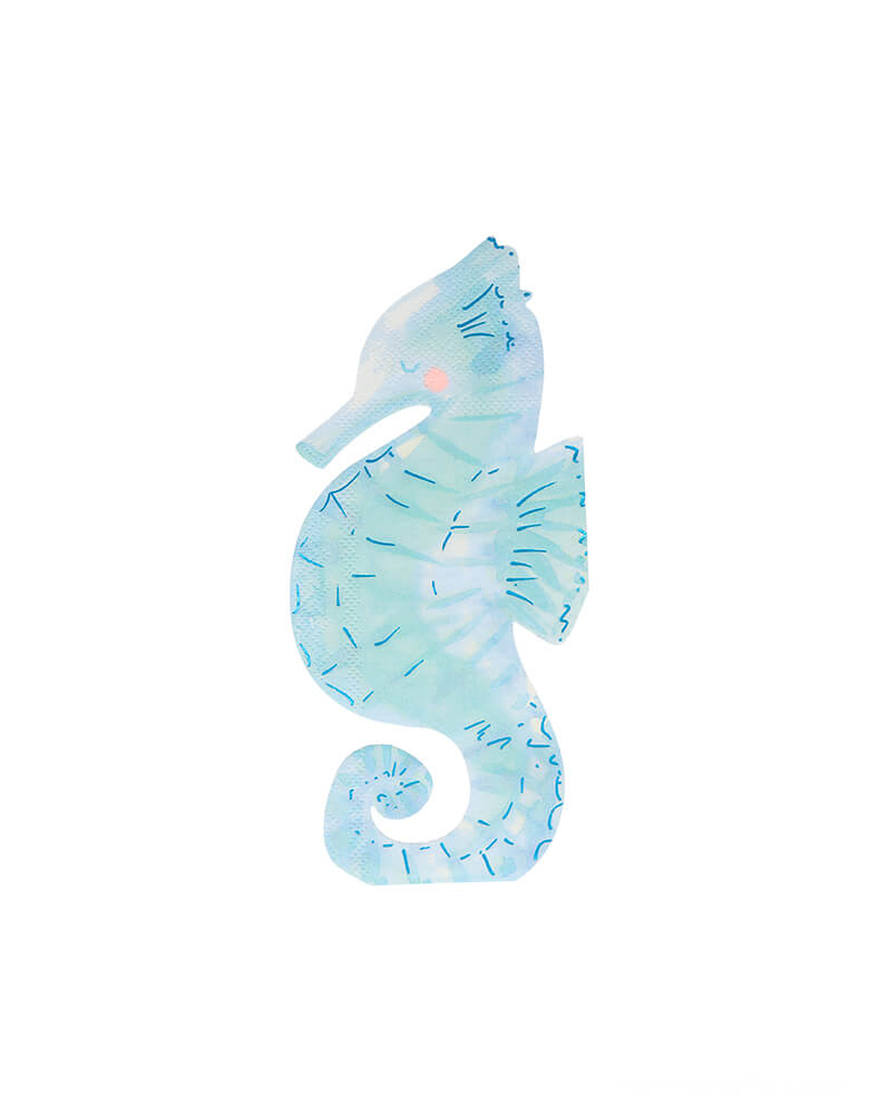 Meri Meri Seahorse Napkins. Made from eco-friendly paper. Crafted in the shape of a seahorse, Printed with ocean colors and a sweet rosy cheek detail with blue foil embellishment for shimmer and shine. they will add a wonderful decoration to the party table. modern elegant partyware for children's mermaid themed birthday party, under the sea party, sea friend's party, girls birthday party, boy's birthday party