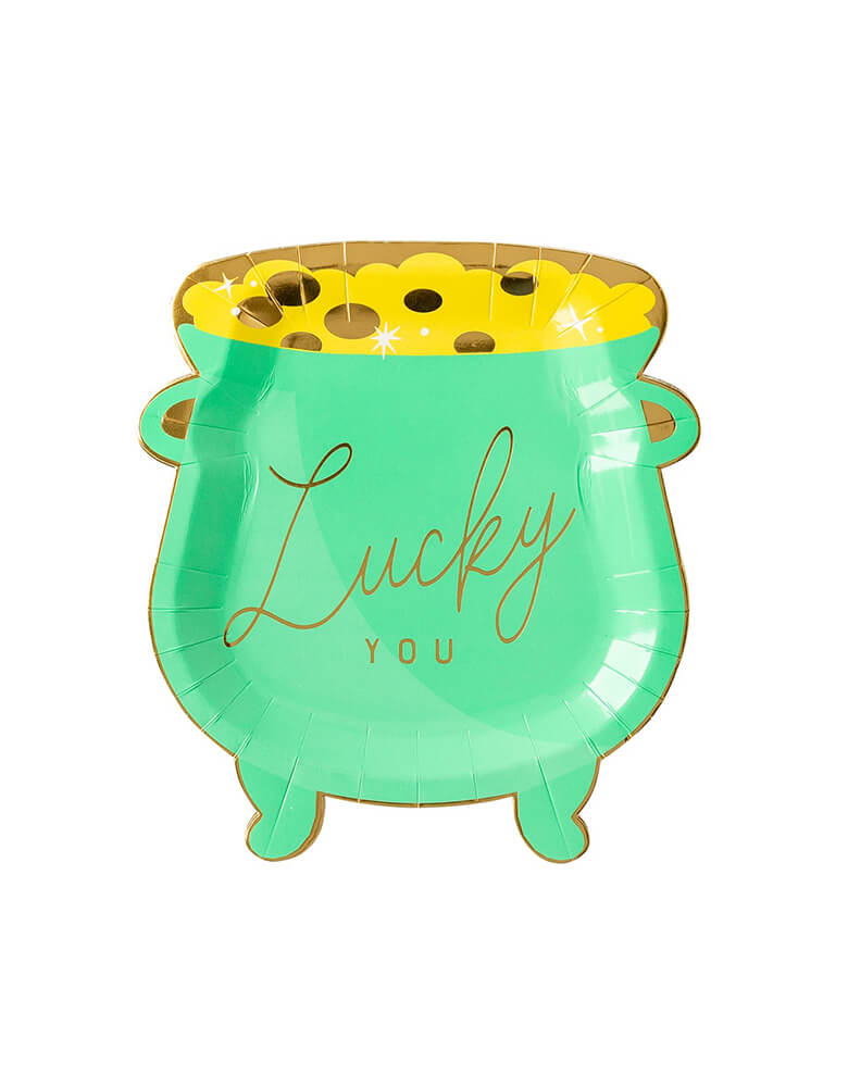 Momo Party's Shaped Pot Of Gold Plates by My Mind's Eye. Featuring a Die cut whimsical pot of gold with gold foil accents, these these party plates add a touch of magic to any St. Patrick's Day gathering where goodies will be served.
