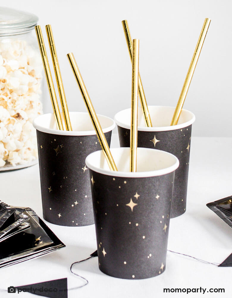 Party deco 7.4 oz shining star black cups are great for simply versatile. With gold foil accent, they are great for a Halloween party, New Years Eve countdown, a kid's space themed birthday bash. 