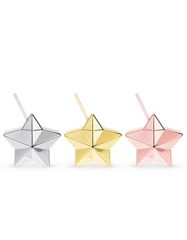 Shiny  Star Drink Tumblers in Silver, Gold and Rose gold by Blush. Includes a reusable straw which match of each tumbler. These heavenly star shaped tumblers are perfect for a space, a Twinkle Twinkle Little Star theme party or a New Year's Eve celebration! 