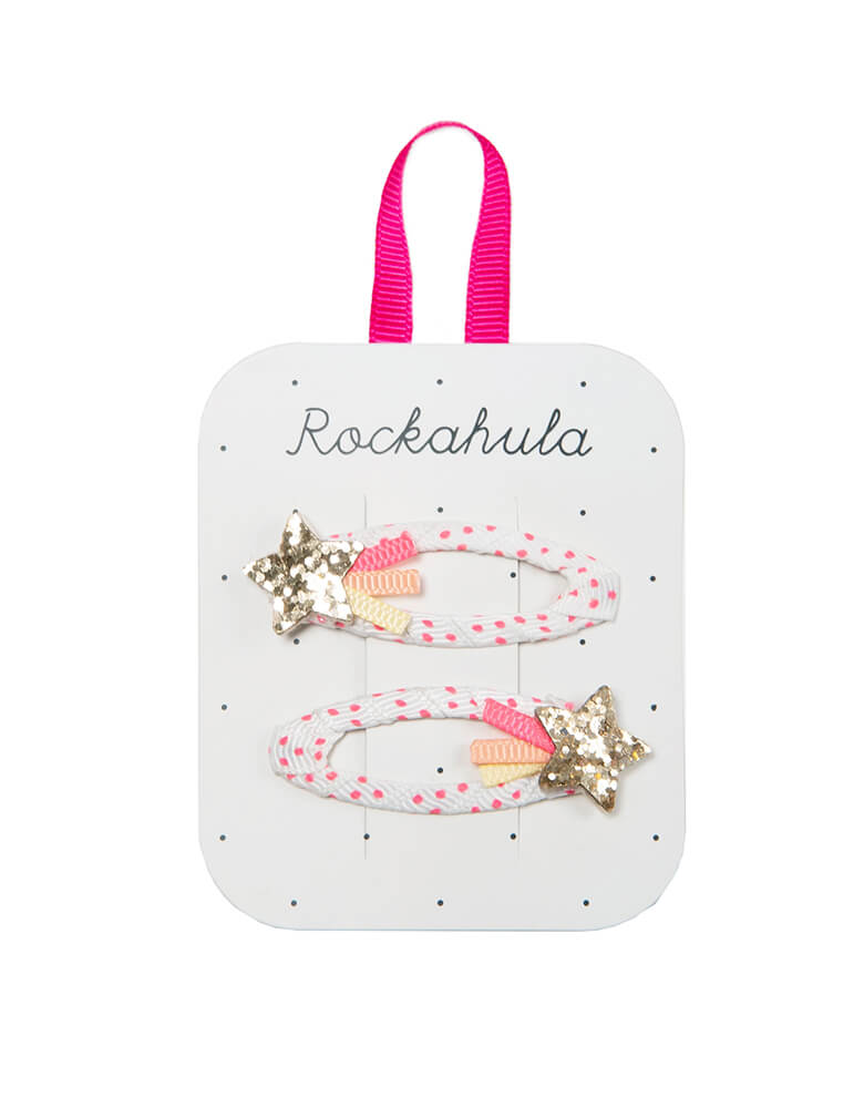Rockahula Kids - Shooting Star Clips. Set of 2. Catch a falling star and wear it in your hair with our beautiful clips - two gold glittery stars each with bright coloured ribbon tails, secured to a gorgeous white and pink spotty ribbon wrapped snap clip.