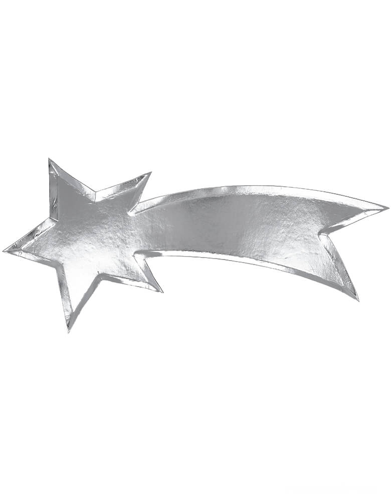 Meri Meri Shooting Star Platters. These shooting star die cut shaped paper party platters are beautifully designed and crafted with a shiny silver foil finish, they are  perfect as a table centerpiece or for passing canapes around on.