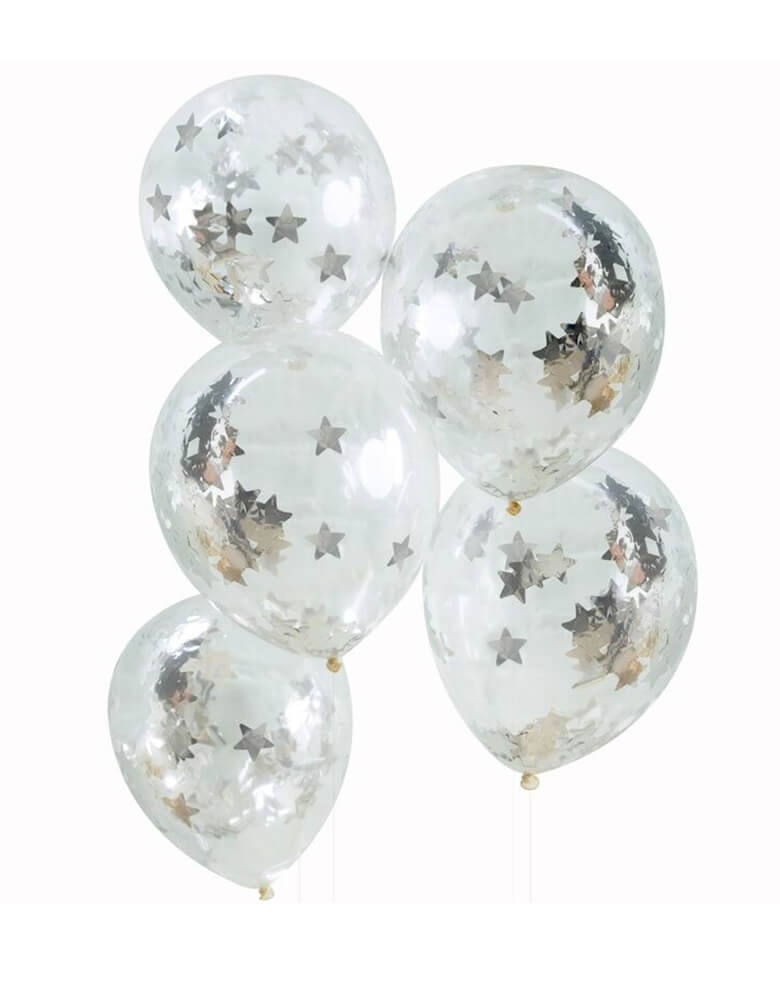 Ginger Ray 12" clear confetti balloons pre-filled with silver star shaped confetti. Perfect for a space or superhero themed kid's birthday party