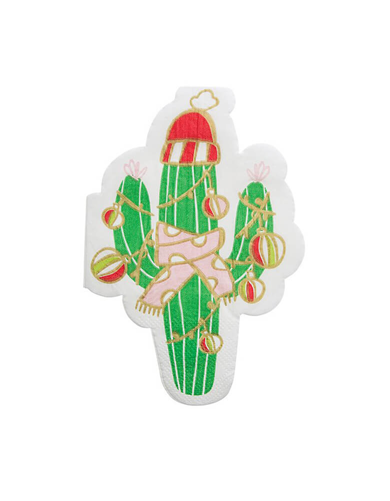 Slant cactus die-cut napkins featuring ornaments, pink scarf, and Santa hat!