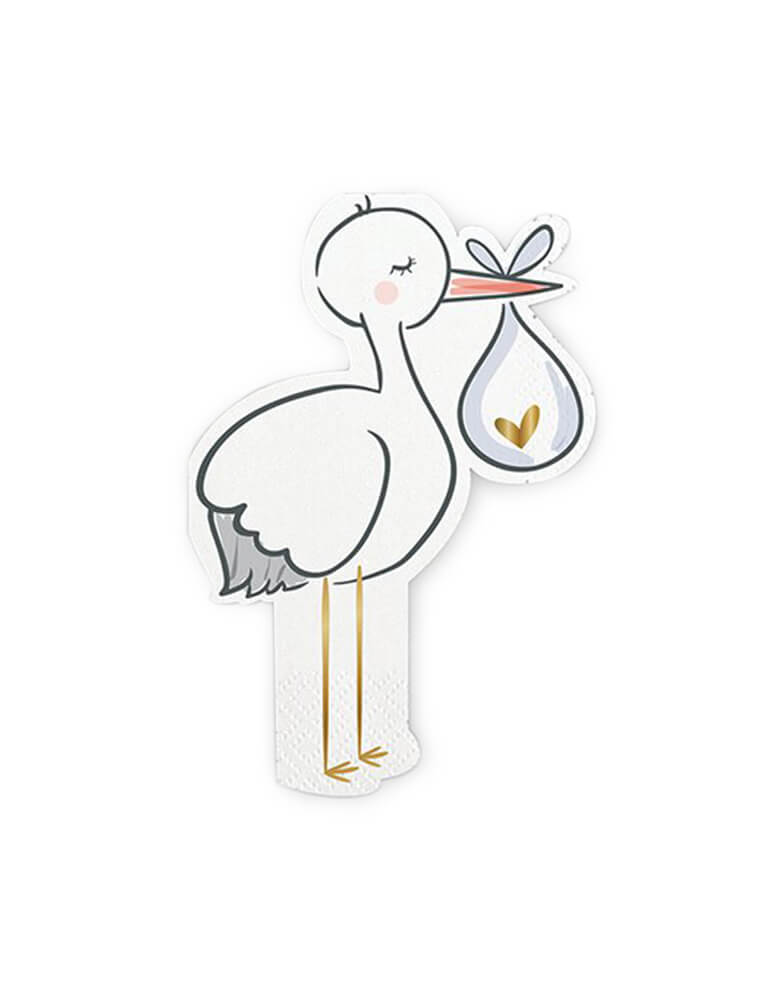 Slant Collection -Stroke Napkins. 7 x 5 inches, Pack of 20. This Stork baby delivery napkins featuring a white stork carrying a white cloth bundle with heart on it. These die-cut stork paper napkins from Slant Collections are embellished with gold foil. These high quality Baby shower PARTY SUPPLIE is perfect for for a Baby Shower, gender reveal party, baby boy shower and baby girl shower.