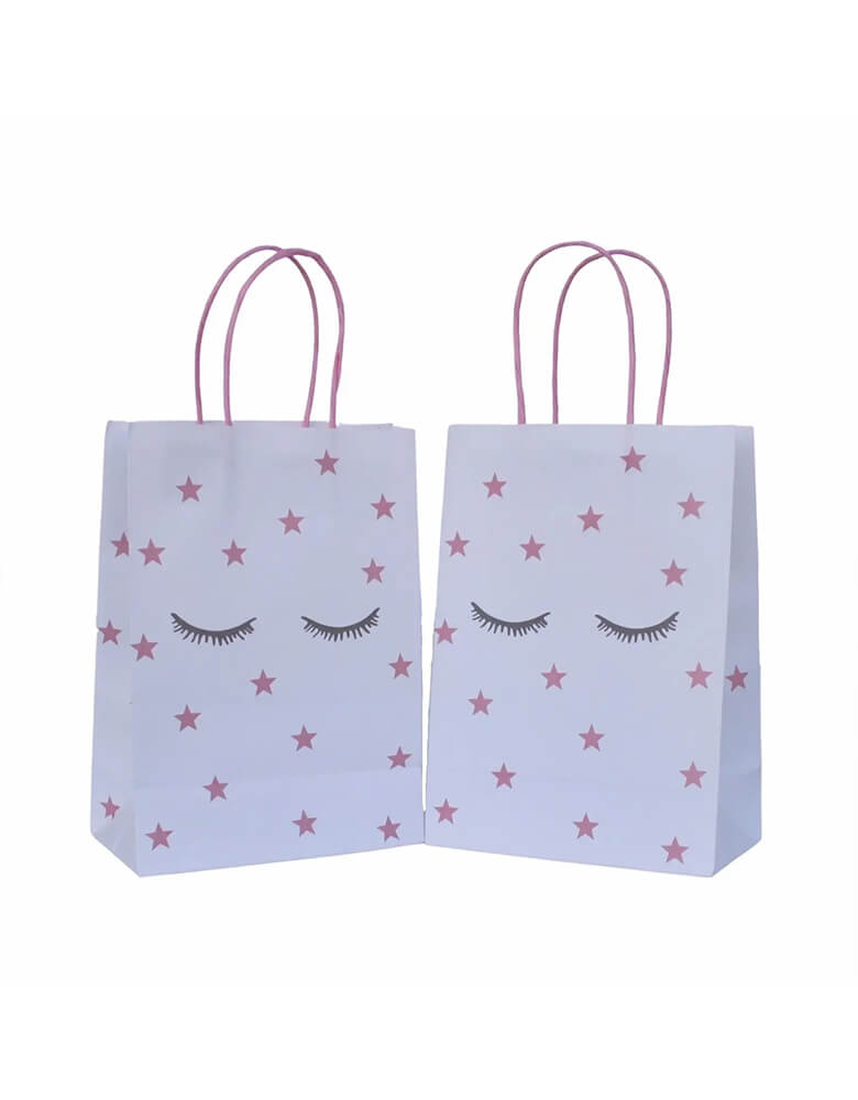 Momo Party's 8.2 x 5.9 x 3.15 inches sleepover party bags with sleepy eyes and pink star designs by Pooka Party, comes in set of 8, they're perfect for girl's sleepover party or a slumber party!