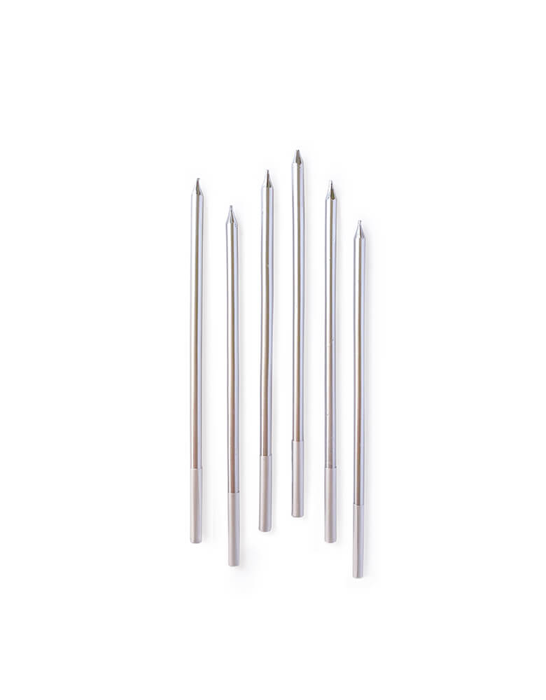 Modern and Simple Slim Birthday Candles Set in Silver Color, set of 6, 5.75 inches long. They are perfect for cake or cupcake on any space themed birthday, Frozen birthday party, Winter wonderland birthday or any white and silver themed birthday celebrations