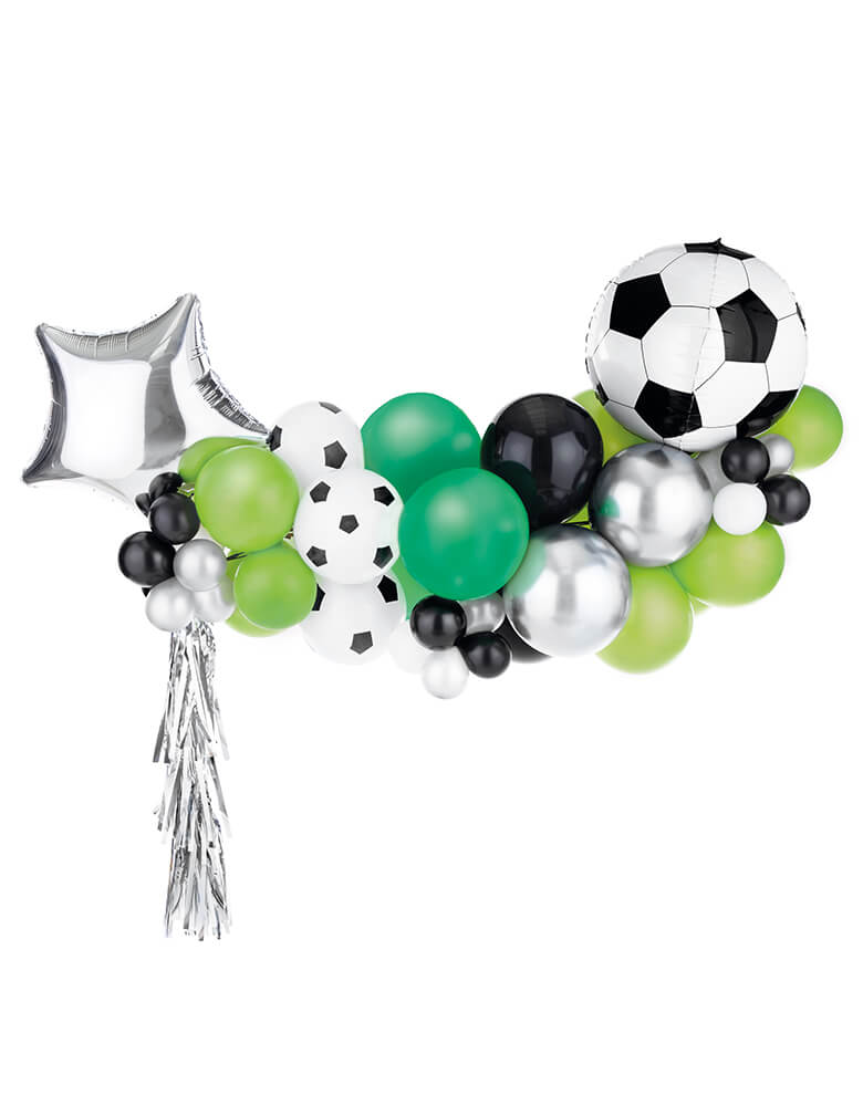 Party deco's soccer balloon garland featuring a soccer shaped foil balloon & a star foil balloon, along with a balloon cloud with latex balloons in silver, black, green, lime green and soccer ball latex balloons, a perfect party decoration for a soccer themed celebration, be it a soccer birthday party or a soccer watching party
