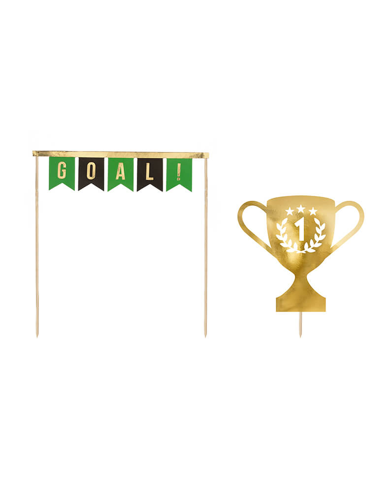 Party Deco's Soccer Cake Toppers featuring a trophy cup and a bunting with "Goal!" in the classic soccer colors of black and green, perfect for a soccer themed birthday party