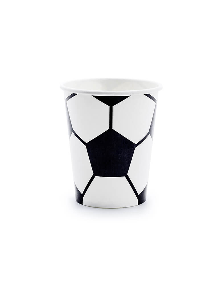 Momo Party's 6.8 oz Soccer ball party cups by Party Deco in classic black and white color, perfect for a kid's soccer themed birthday party or a World Cup soccer watching party!