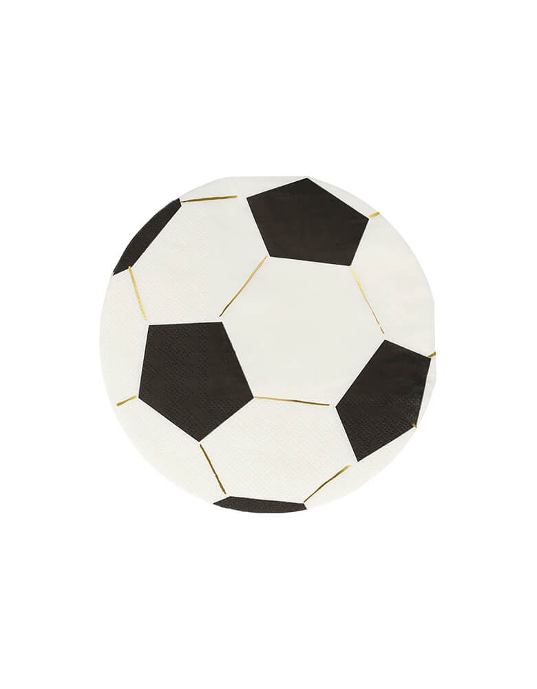 Momo Party's 6.5" Soccer Shaped Napkins by Meri Meri, come in a set of 16 napkins, they're perfect for kid's soccer themed party or a soccer viewing party.