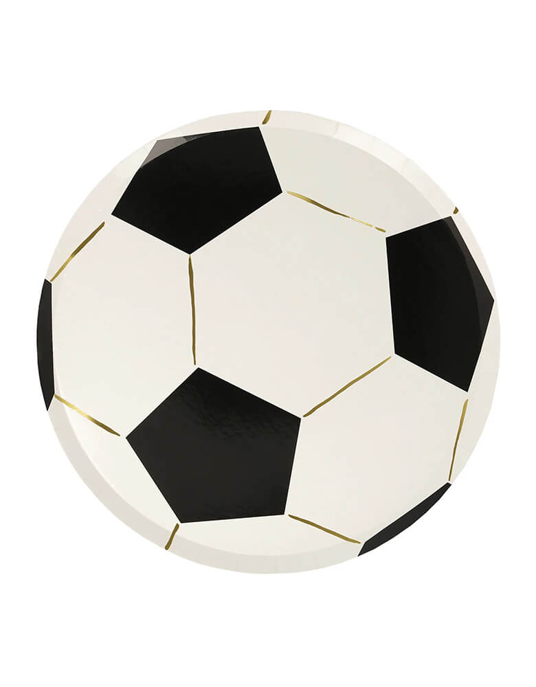 Momo Party's 9.25" Soccer Shaped Round Plates by Meri Meri, come in a set of 8 plates, they are crafted with durable high quality 450 gsm paper with gold foil accents, they're perfect for kid's soccer themed party or a soccer viewing party.