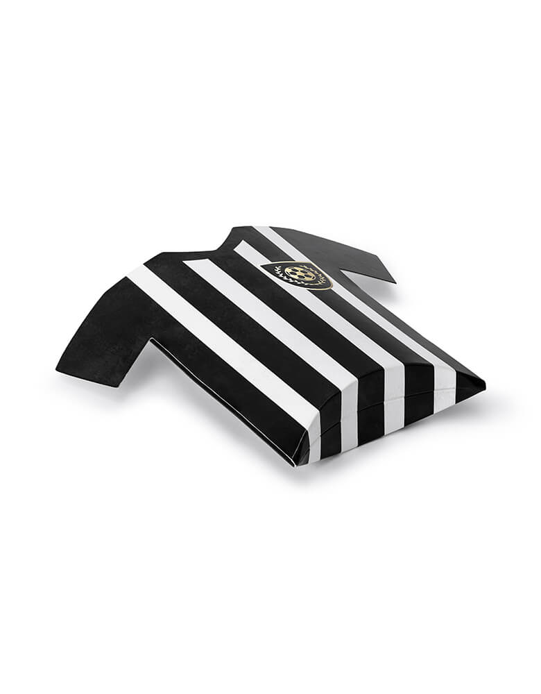 Party Deco's soccer jersey treat box, With black and white stripes with gold metallic accent, they make perfect additions to your soccer themed celebration!