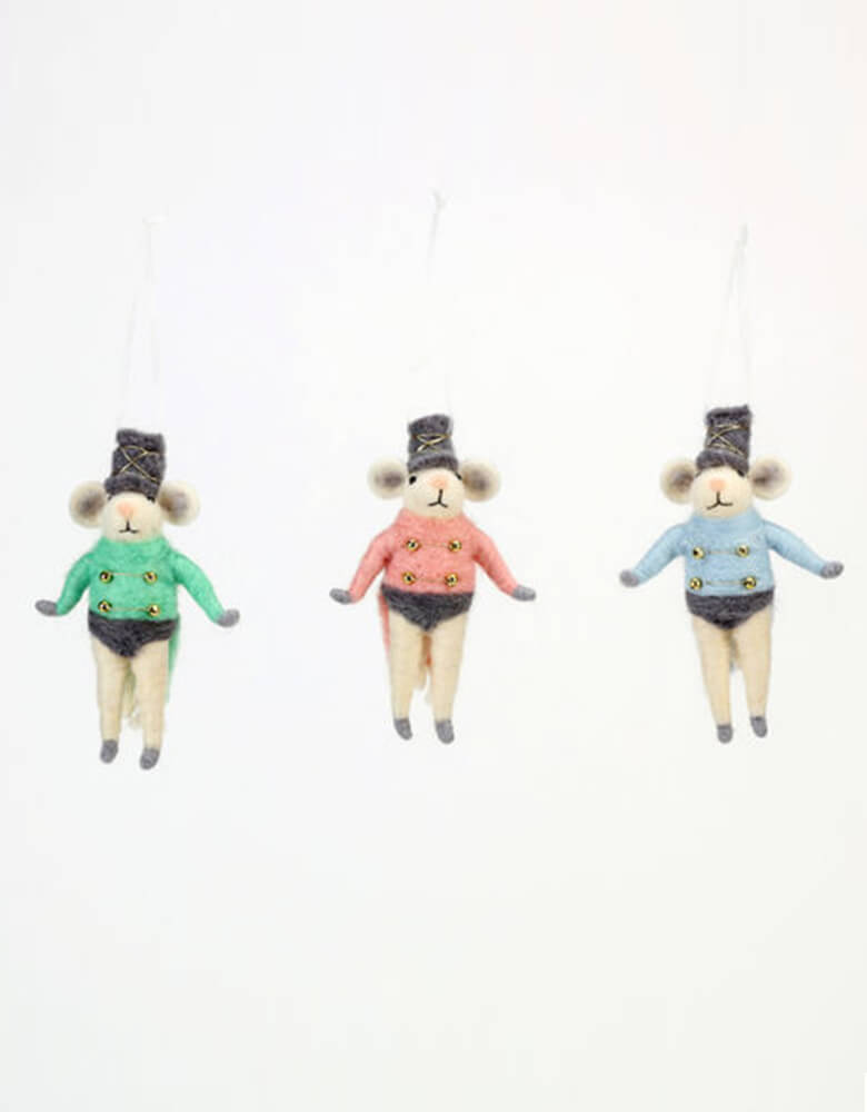 One Hundred and eighty 5" wool Mouse Soldier Ornaments in pink green and blue
