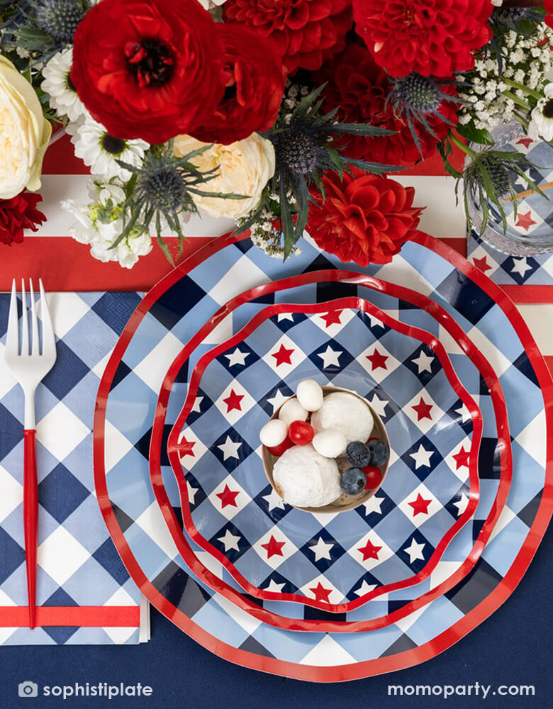 Wavy Patriotic Gingham Appetizer/Dessert Bowls (Set of 8)