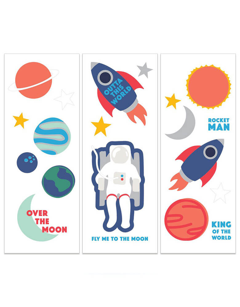 My Mind's Eye Space Rocket Temporary Tattoos set featuring rocket ships, moon, planets, astronauts and stars illustrations 