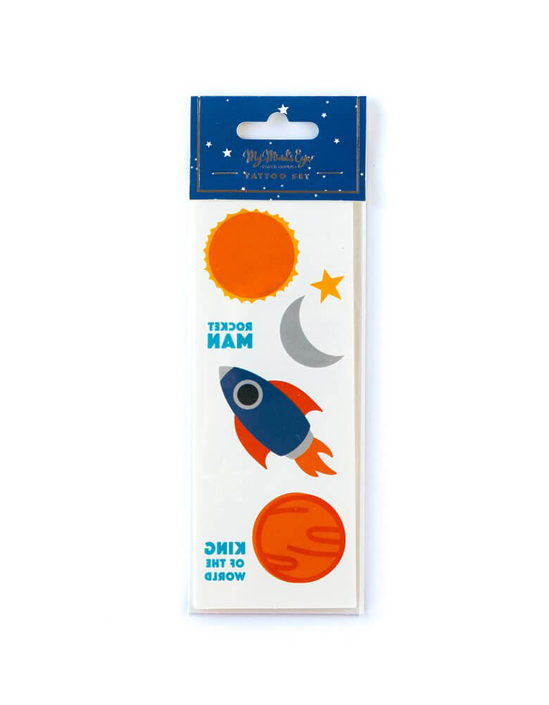 My Mind's Eye Space Rocket Temporary Tattoos set featuring rocket ships, moon, planets, and stars illustrations 