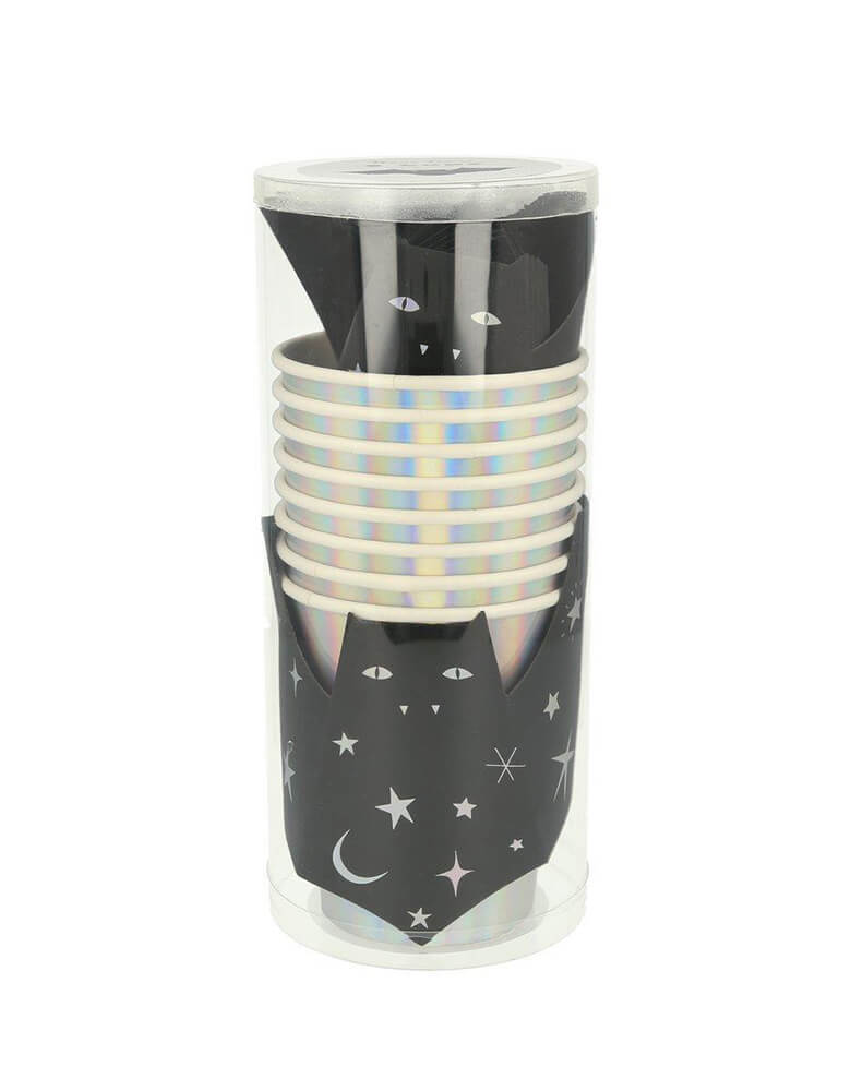Meri Meri - Sparkle Bat Cups. Set of 8 in a clear tube package. These shiny silver holographic cups, featuring black bats with outstretched wings, will thrill and chill your party guests! They are beautifully decorated with shimmering silver stars and moons, and will look amazing on the party table too.