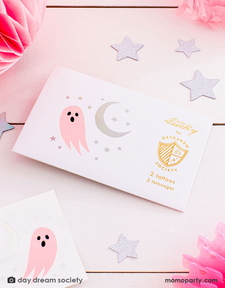 Daydream Society Spooked Temporary Tattoos featuring modern ghost and moon illustrations perfect for kids Halloween party favors or non-sweet trick or treat goodies